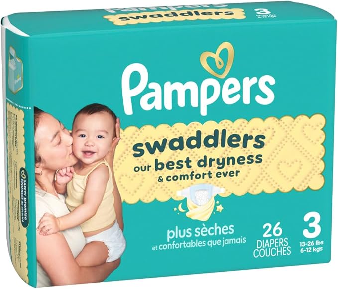 Pampers Swaddlers Diapers, Size 3 (13-26 lbs), 26 Count, Absorbent, Keeps Baby Dry and Comfortable, Skin Safe Disposable Baby Diaper (Packaging May Vary)