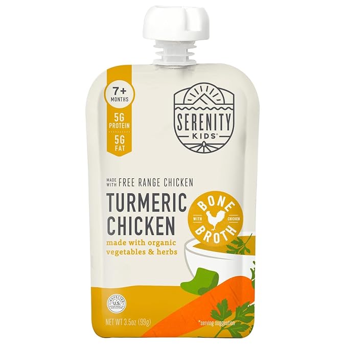 Serenity Kids Bone Broth Puree Made With Organic Veggies | Clean Label Project Purity Award Certified | 3.5 Ounce BPA-Free Pouch | Free Range Turmeric Chicken | 1 Count