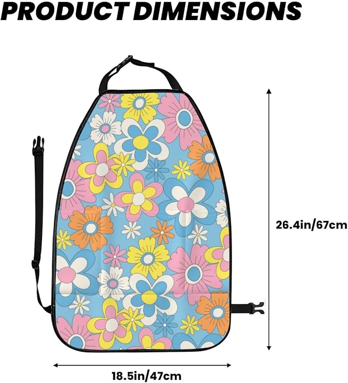 Retro Flowers Car Kick Mats Back Seat Protector 2 Pack Auto Seat Back Covers with 3 Organizer Travel Accessories Universal Vehicle Interior from Dirt, Mud