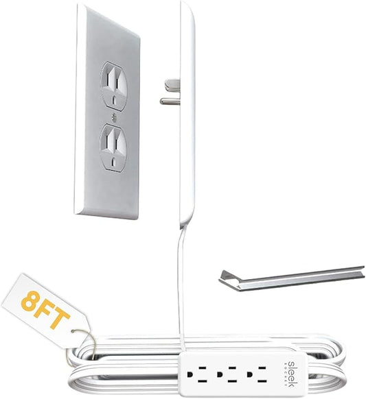 Sleek Socket No Shock Child Protector, Outlet & Plug Concealer with Protective Cord Clips, 8-Foot Flat Extension Cord with Multiple Outlets, Baby Proofing Outlet Cover, No Access to Dangerous Cords