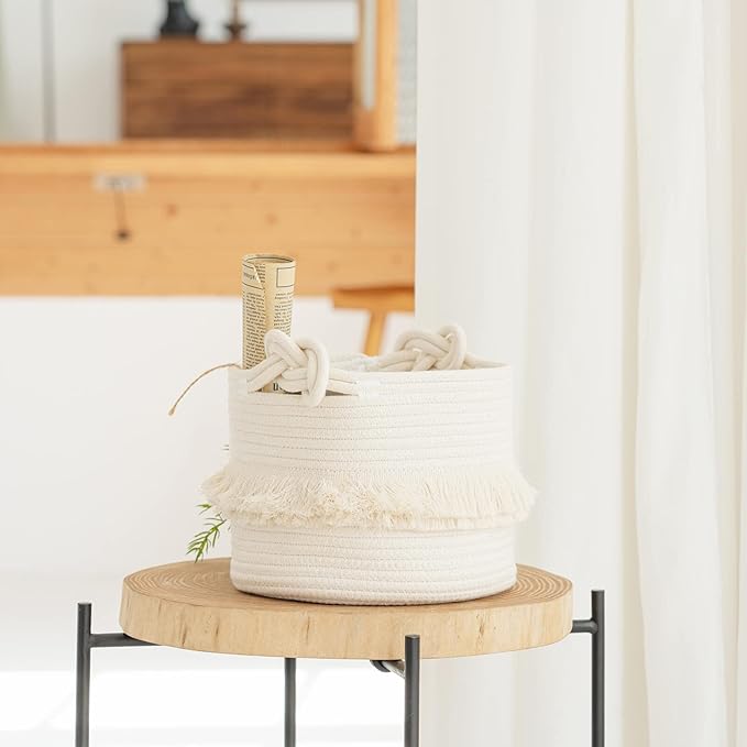 CherryNow Small Woven Storage Baskets, 9.5'' x 7'' inches Cotton Rope Decorative Hamper for Diaper, Blankets, Magazine and Keys, Cute Tassel Nursery Decor - Home Storage Container, Off-white