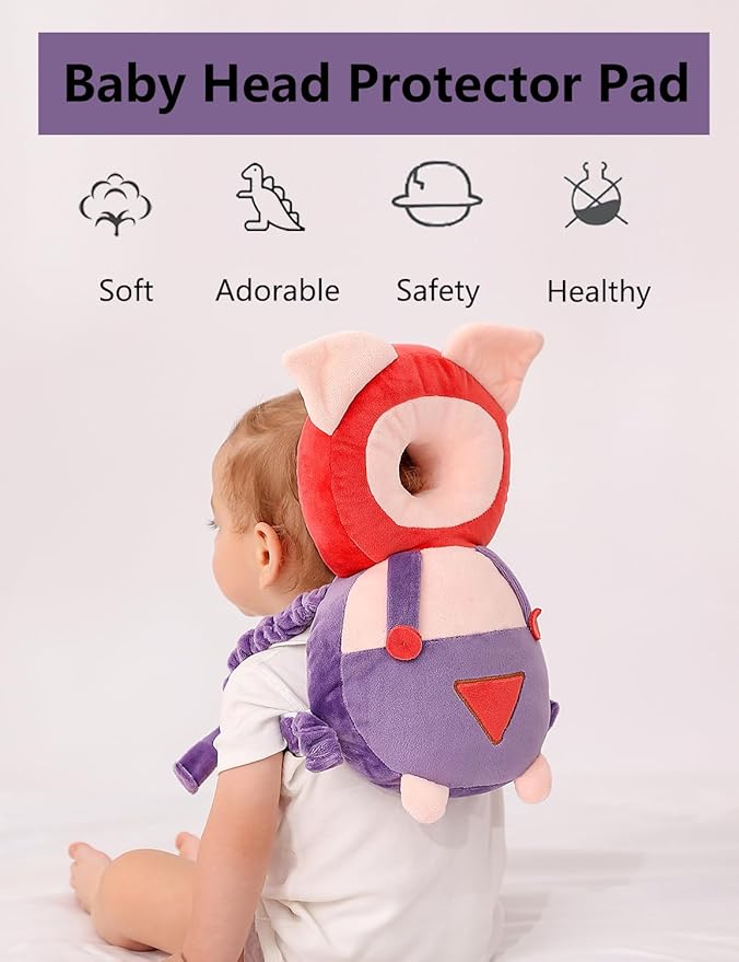 JunNeng Baby Head Protector Backpack, Toddler Walking Fall Head Protection, Purple Pig