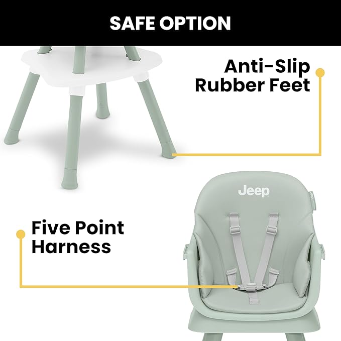 Jeep Milestone 6-in-1 High Chair by Delta Children - High Chair Converts to Stool, Booster Seat, Toddler Chair, Activity Table and Desk and Chair, Sage Green
