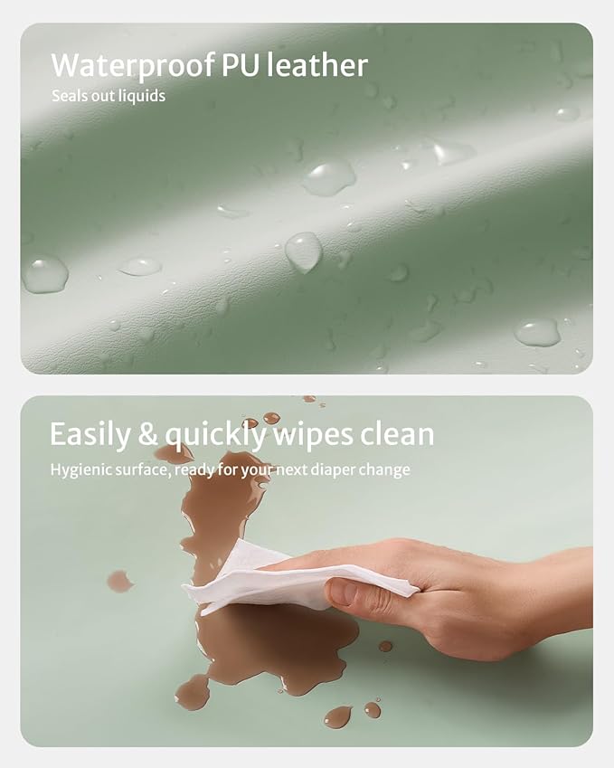 Blissful Diary Vegan Leather Baby Changing Pad with Waterproof & Wipe-Clean PU Cover, Standard Size Cozy Diaper Changing Pad for Dresser and Table, Light Green