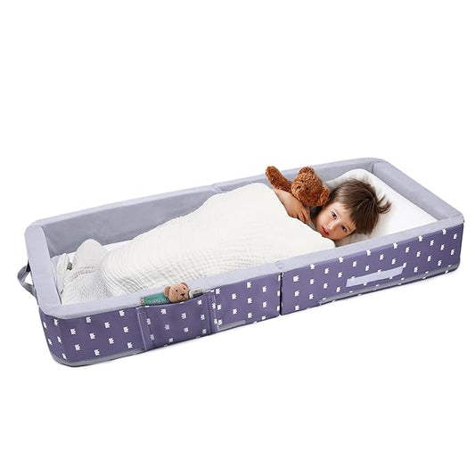 Mooedcoe Foldable Toddler Floor Bed with Sides, Folding Toddler Bed for Travel Kid Foam Sleeping Cot for Children 18M – 5yr Old (Rectangular, Crown)