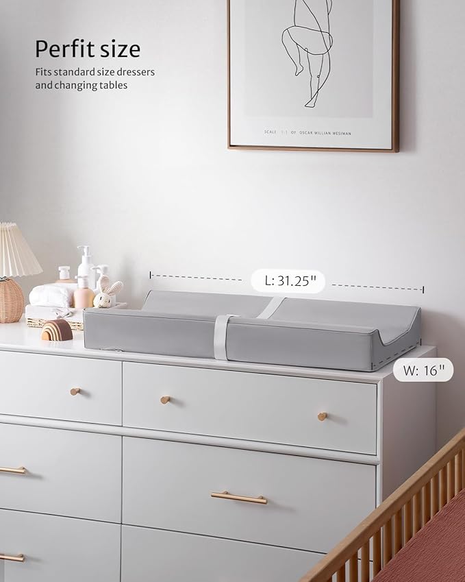 Blissful Diary Vegan Leather Baby Changing Pad with Waterproof & Wipe-Clean PU Cover, Standard Size Cozy Diaper Changing Pad for Dresser and Table, Light Gray