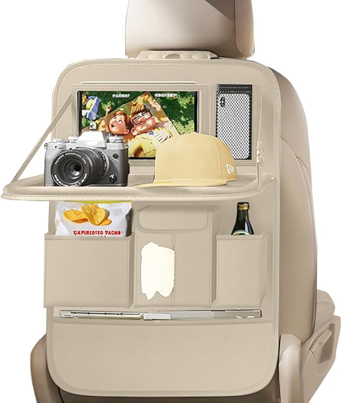 Car Seat Organizers,Multi-functional Back Seat Protectors, Storage Pouches, and Tray Holders (for Cars, Kids, Seat Back and Rear Seats) (Plain Beige, 1 Pcs)