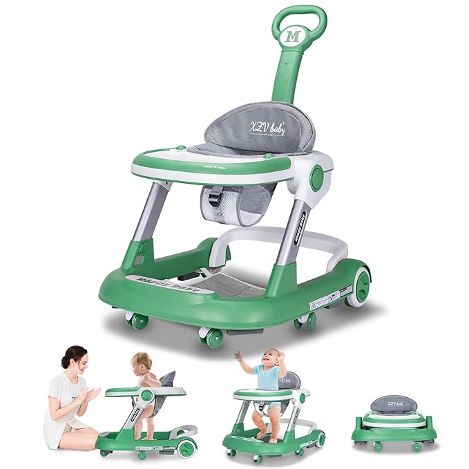 Baby Walker with Wheels 5 in 1 Foldable Activity Center with Mute Wheels Adjustable Heights Anti-Fall Push Walkers for Boys Girls Safe Infant Toddler Walker with Footrest for 6-24 Months