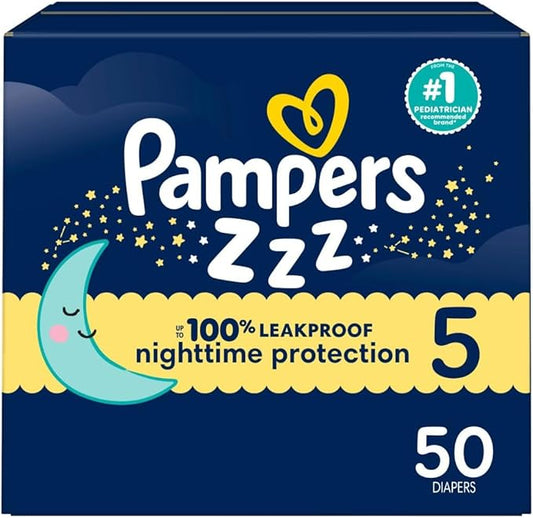 Pampers ZZZ Overnight Diapers, Size 5 (27+ lbs), 50 Count, Nighttime Protection Disposable Baby Diaper, Night Time Leak and Skin Protection