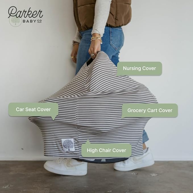 Parker Baby 4 in 1 Car Seat Cover for Girls and Boys - Stretchy Carseat Canopy, Nursing Cover, Grocery Cart Cover, High Chair Cover - “Sage/Pewter”
