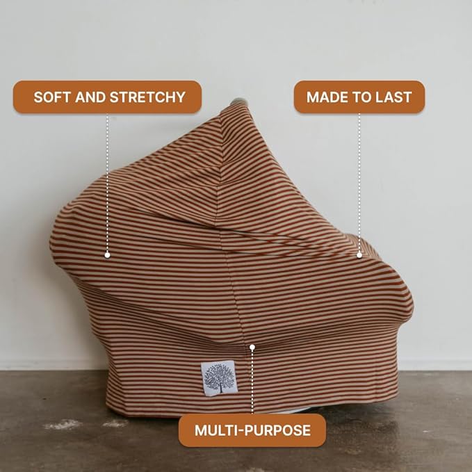 Parker Baby 4 in 1 Car Seat Cover for Girls and Boys - Stretchy Carseat Canopy, Nursing Cover, Grocery Cart Cover, High Chair Cover - “Clay/Alpaca Stripes”