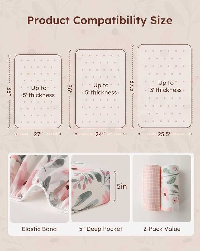 Yoofoss Pack and Play Sheets Girl 2 Pack, 38x26 Mini Crib Sheets Fitted for Baby Compatible with Graco Pack n Play Mattress,Ultra Soft Breathable Microfiber Pink Floral