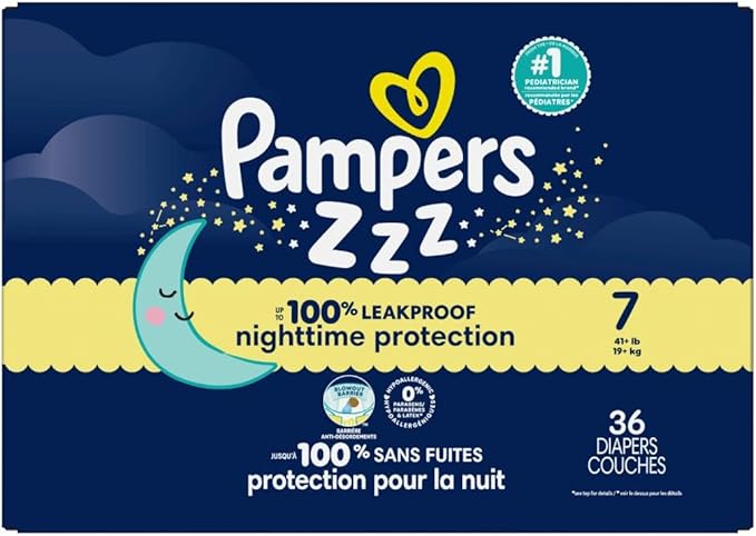 Pampers ZZZ Overnight Diapers, Size 7 (41+ lbs), 36 Count, Nighttime Protection Disposable Baby Diaper, Night Time Leak and Skin Protection