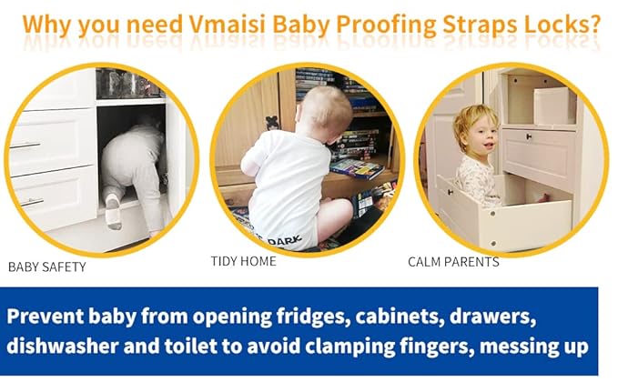 Vmaisi Baby Proofing Cabinet Locks - Childproofing Adjustable Multi Use Straps Latches for Drawers, Fridge, Dishwasher, Toilet Seat, Cupboard, Closet, Oven,Trash Can, Adhesive No Drilling (White) (4)