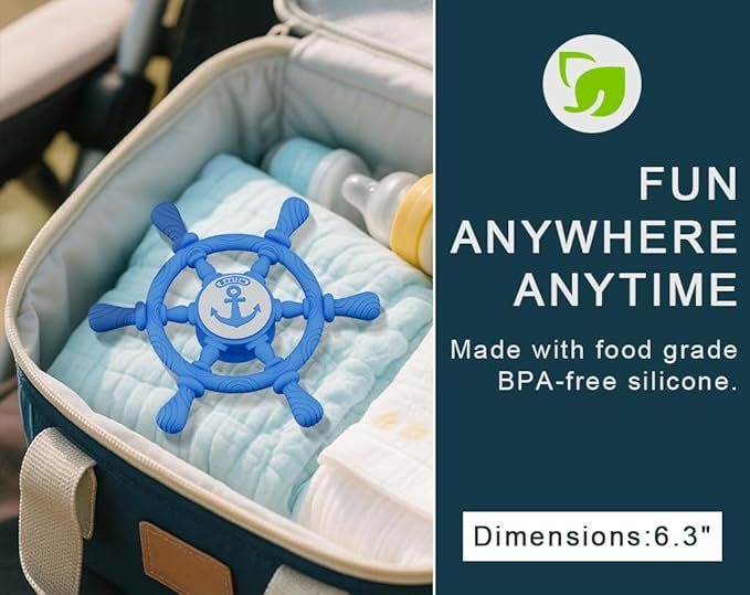 Bathtub Suction Spinner Toys - Silicone Bath & High Chair Sensory Toy for Babies & Toddlers, Novelty Spinning Top with Suction Cup, Car Window Travel Toys (Ship Steering Wheel Toy - Blue)