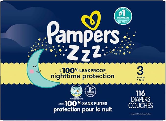 Pampers ZZZ Overnight Diapers, Size 3 (16-28 lbs), 116 Count, Nighttime Protection Disposable Baby Diaper, Night Time Leak and Skin Protection