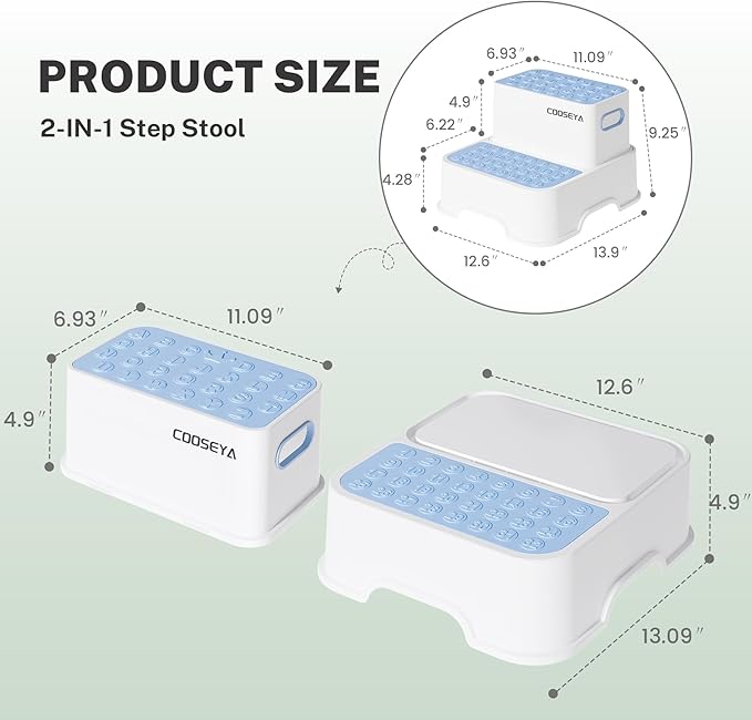 COOSEYA 2 Step Stools for Kids,Toddler Step Stool for Bathroom Sink,No-Slip Double up Stepping for Toddlers Bathroom, Multifunctional Toilet Potty Stool for Kids,Toilet Potty Training(2 Packs)（Blue）