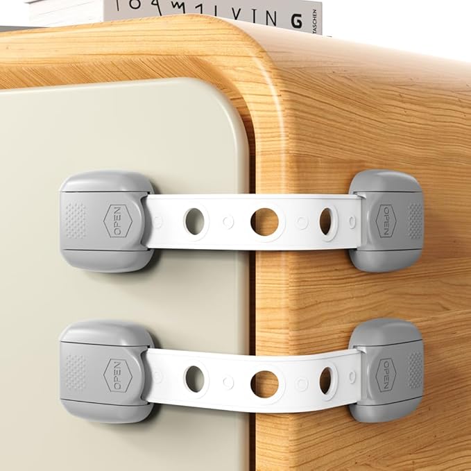 Child Safety Strap Locks (3 Pack) Baby Locks for Cabinets and Drawers, Toilet, Fridge & More. Adhesive Pads. Easy Installation, No Drilling Required, White/Gray (Gray, 3 pcs (Pack of 1))