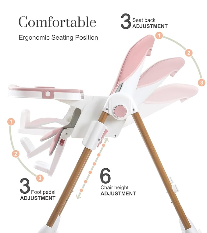 Mallify Foldable High Chairs for Babies and Toddlers, 3-in-1 Convertible Baby High Chair with Removable Soft Cushion and Tray, Adjustable Height & Recline, Lockable Wheels, Pink