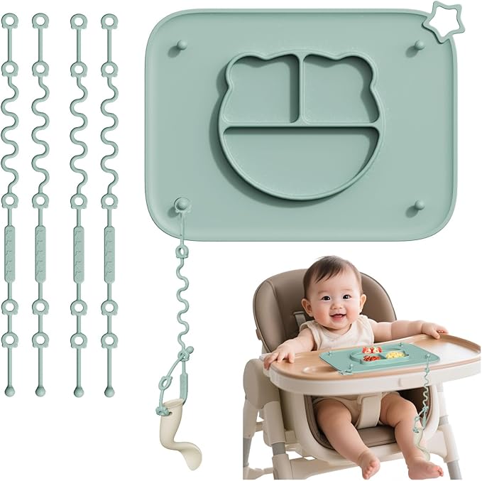 1 Pack Silicone Mat for Babies, Baby Placemat Built-in Suction Base and Equipped 4 Toy Straps & Anti-Peel Design, Activity Mat for Infants to Toddlers, Keeps Babies Essentials Off The Floor, Green