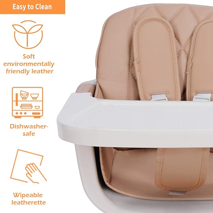 Mallify 3-in-1 Convertible Wooden High Chair, High Chairs for Babies and Toddlers, Baby High Chair with Adjustable Legs & Dishwasher Safe Tray, Made of Sleek Hardwood & Premium Leatherette, Brown