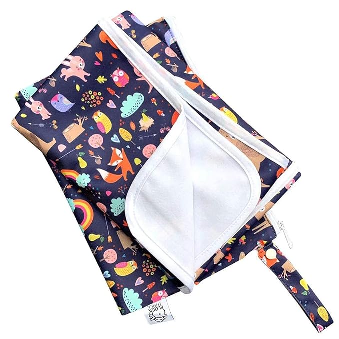 Flockthree Waterproof Baby Changing Pad with Storage Bag (28.7" X 19.7") Washable Wipeable Reusable Leak Proof Diaper Travel Mat Station Changing Mattress Liner Cribs Bed Cover, Animals