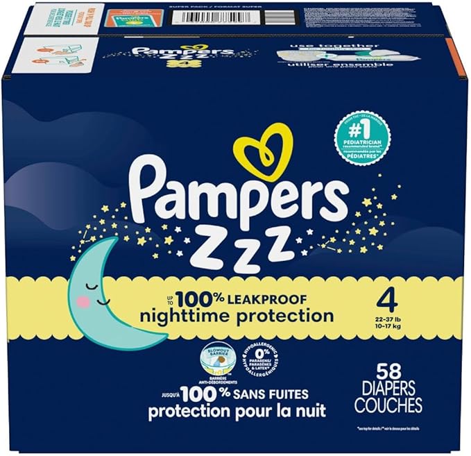 Pampers ZZZ Overnight Diapers, Size 4 (22-37 lbs), 58 Count, Nighttime Protection Disposable Baby Diaper, Night Time Leak and Skin Protection
