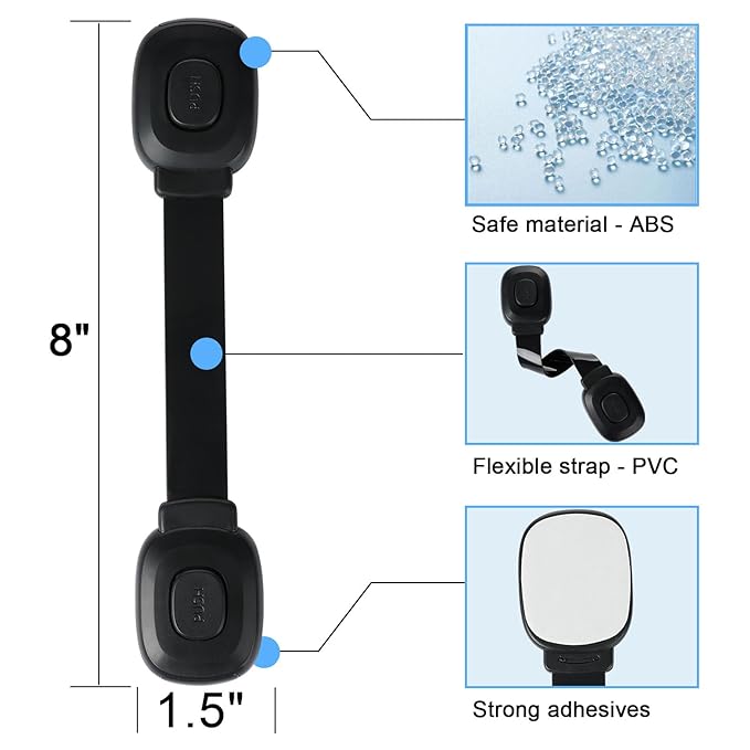 Fursafe&Q Cabinet Locks Baby Proofing, Child Safety Strap Locks Adhesive Black - Child Proof Fridge Lock Drawer Door Toilet Latches No Drill Multi-Purpose for Furniture Kitchen Lock