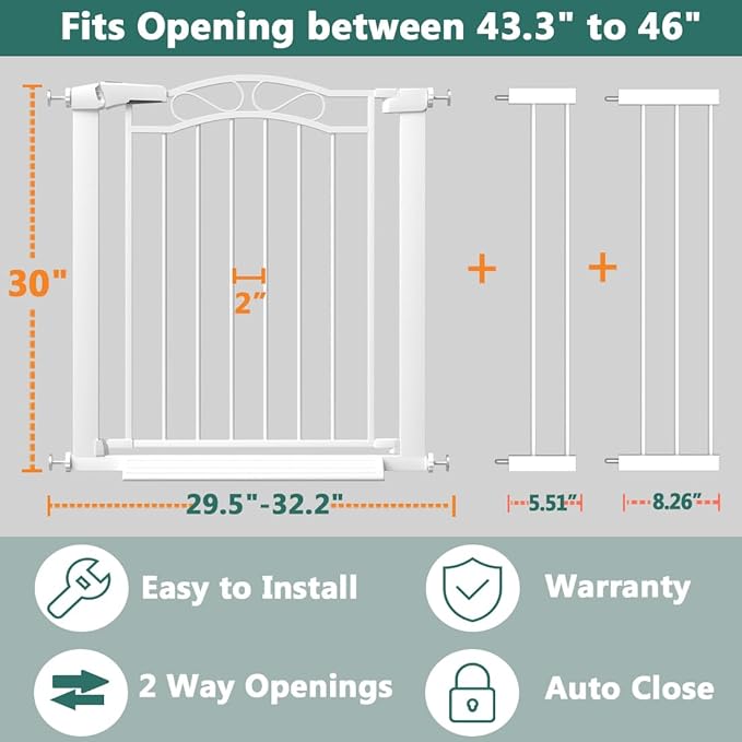 Fairy Baby 43.31"-46.06" Extra Wide Press Mounted Baby Gate Indoor for Kids Or Pets Walk Thru No Drill Long Dog Gates for The House Doorway Child Safety Gate