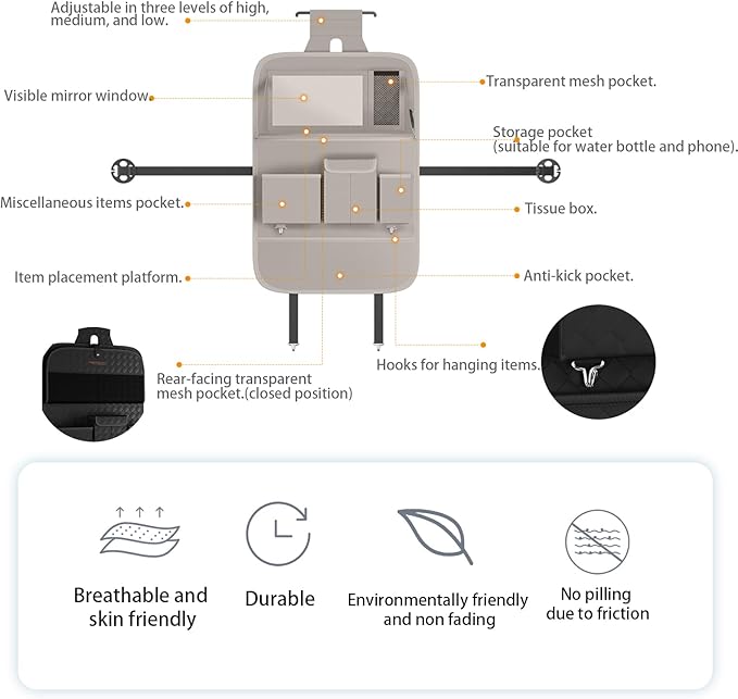GMQ Back Seat Car Organizer 1 Pack,Backseat Organizer with Tray,Multifunctional Car Seat Back Storage Box with Foldable Tablet Holder (Grey, Plain weave)