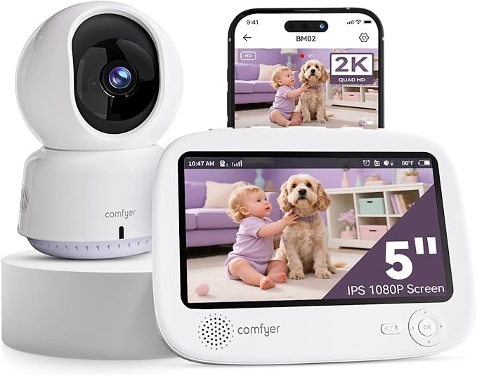 Smart WiFi Baby Monitor - 5" 1080P Split Screen & 2K Camera App Control, Motion Alerts, Sound Detection, HD Night Vision, 5050mAh Battery, 2-Way Talk, Multi-User, Triple Security, 1600ft Range