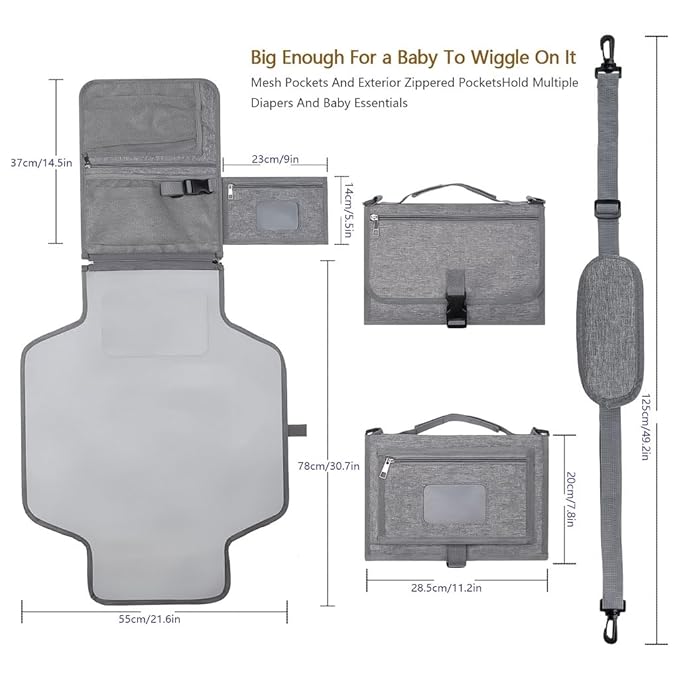 Portable Diaper Changing Station, Expandable Baby Diaper Bag, Compact Diaper Changing Travel Bag with Wet Wipe Pocket, Waterproof Baby Travel Station Set with 2 Bibs (Gray)