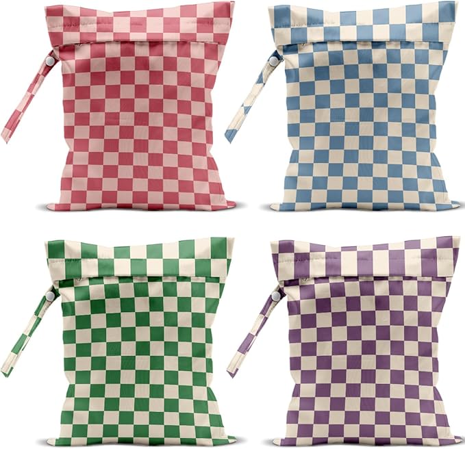 4 Pack Cute Wet Bag Waterproof Washable Reusable Wet Dry Bag for Swimsuit Dirty Clothes Diaper Travel Pool Yoga Gym Birthday Party Camping Toiletries Travel Beach Essentials, Colorful Checkered
