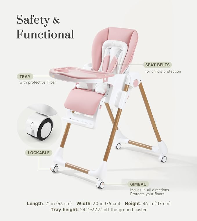 Mallify Foldable High Chairs for Babies and Toddlers, 3-in-1 Convertible Baby High Chair with Removable Soft Cushion and Tray, Adjustable Height & Recline, Lockable Wheels, Pink