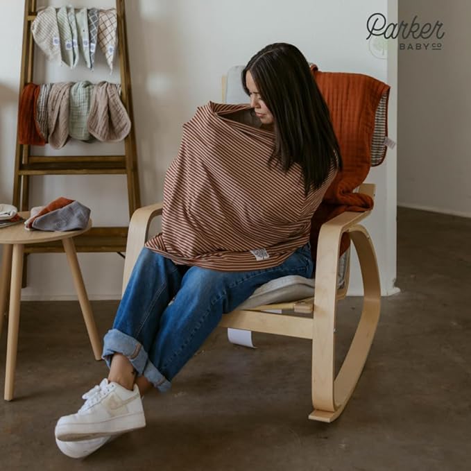 Parker Baby 4 in 1 Car Seat Cover for Girls and Boys - Stretchy Carseat Canopy, Nursing Cover, Grocery Cart Cover, High Chair Cover - “Clay/Alpaca Stripes”
