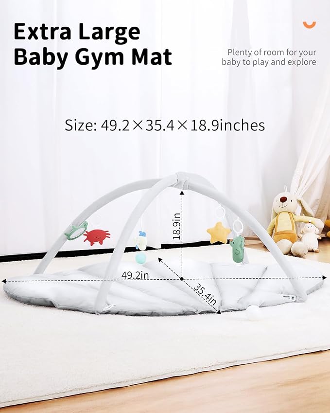 ANGELBLISS Baby Play Gym Mat, Reversible Tummy Time Mat with 6 Sensory Toys for Stage-Based Developmental, Thick & Large Baby Activity Center from Newborn to Toddler (Grey)