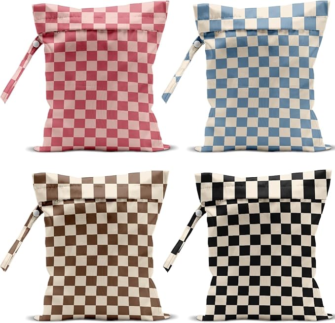 4 Pack Cute Wet Bag Waterproof Washable Reusable Wet Dry Bag for Swimsuit Dirty Clothes Cloth Diaper Travel Pool Yoga Gym Party Camping Toiletries Travel Beach Essentials, Colorful Checkered