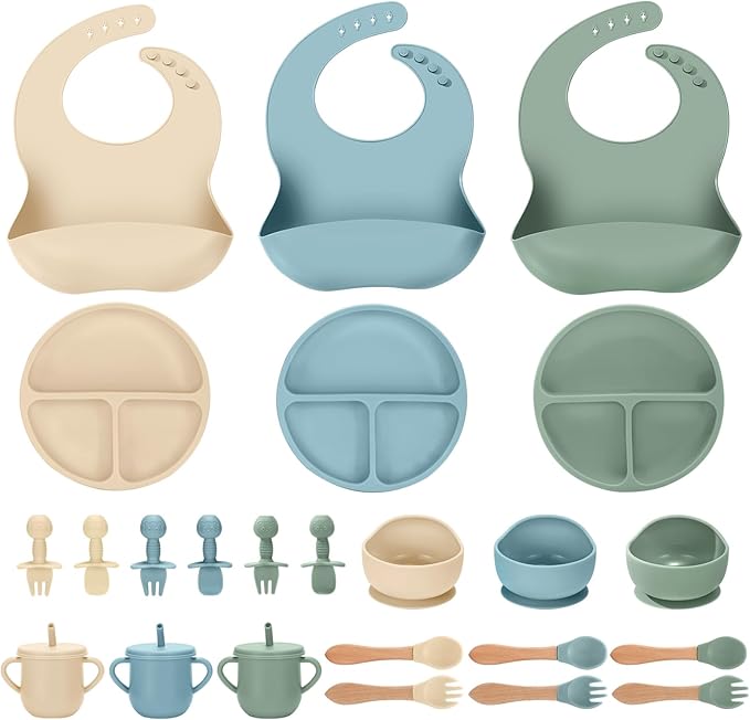 24 PCS Silicone Baby Feeding Set, Baby Led Weaning Supplies Includes Suction Bowls and Divided Plates, Adjustable Silicone Bib, Spoons&forks, Training cup with straw (Green+Blue+Beige)