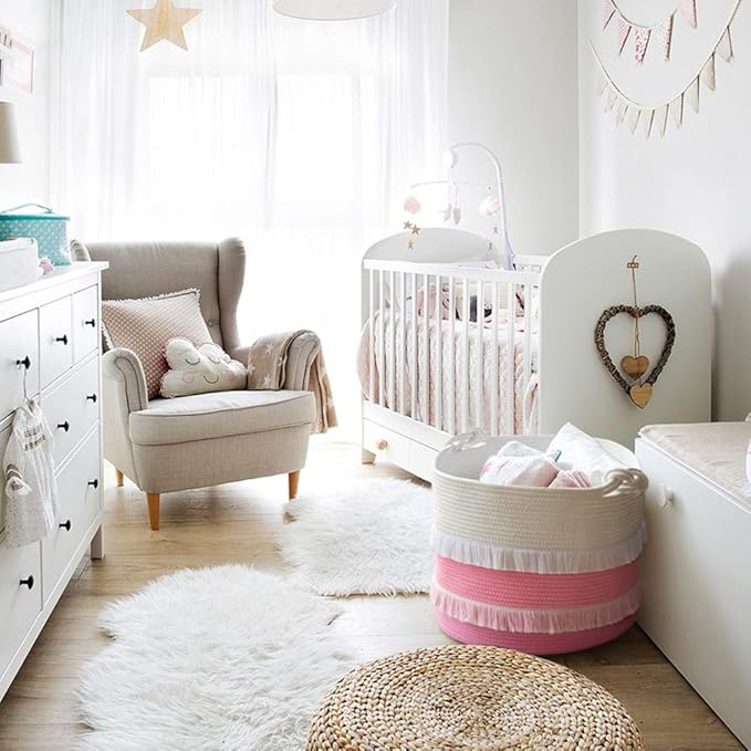 CherryNow Large Rope Basket – 16''x13'' Pink Decorative Woven Basket for Toys, Blankets, or Laundry, Cute Tassel Decor for Baby & Girl - Home Storage Container