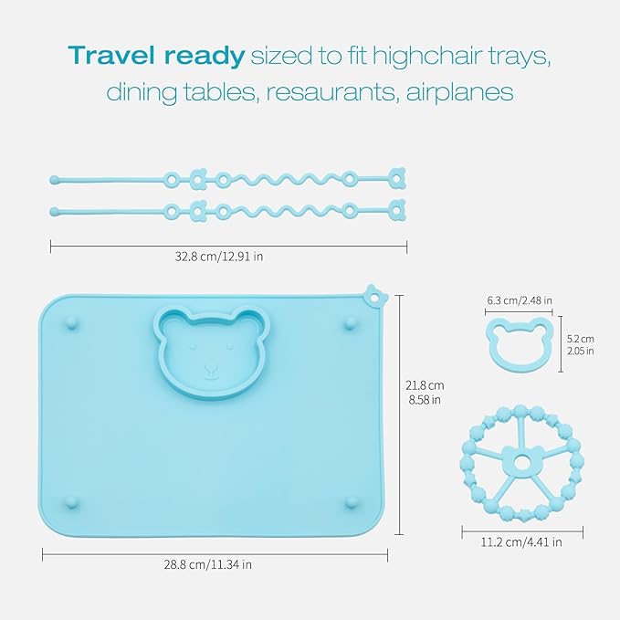 2 Pack Baby Silicone Mat with Suction Base and 4 Stretchable Straps, 6 Strong Suction Cups, Baby Placemats, Activity Mat for Infants to Toddlers, Keeps Babies Essentials Off The Floor Green Blue