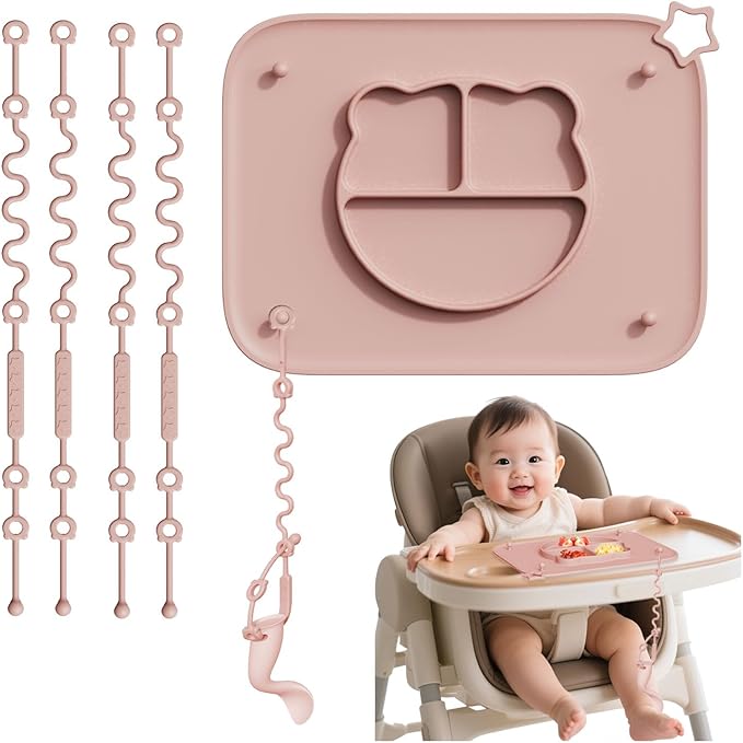 1 Pack Silicone Mat for Babies, Baby Placemat Built-in Suction Base and Equipped 4 Toy Straps & Anti-Peel Design, Activity Mat for Infants to Toddlers, Keeps Babies Essentials Off The Floor, Pink