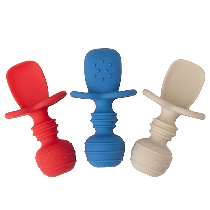 UpwardBaby Silicone Baby Spoons Self Feeding 6 Months - Feeding Essentials, Baby Led Weaning Supplies, BPA Free, Chewable Toddler Utensils with Anti Choke Barrier