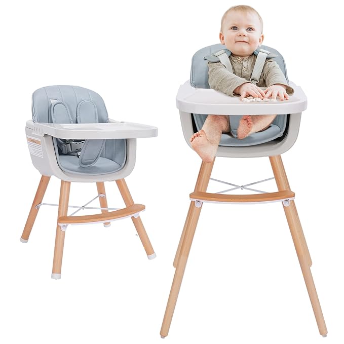 Mallify 3-in-1 Convertible Wooden High Chair, High Chairs for Babies and Toddlers, Baby High Chair with Adjustable Legs & Dishwasher Safe Tray, Made of Sleek Hardwood & Premium Leatherette, Blue