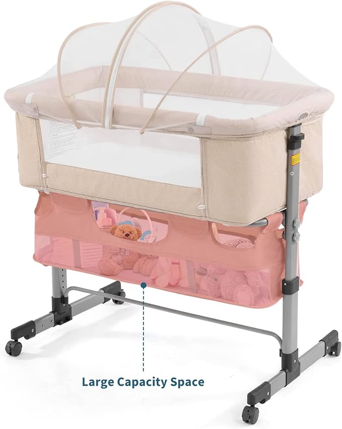 3in1 Bedside Crib for Girl or Boy, Bedside Sleeper for Baby Portable and Adjustable Crib with Mosquito net for Newborn Baby,Deep Khaki