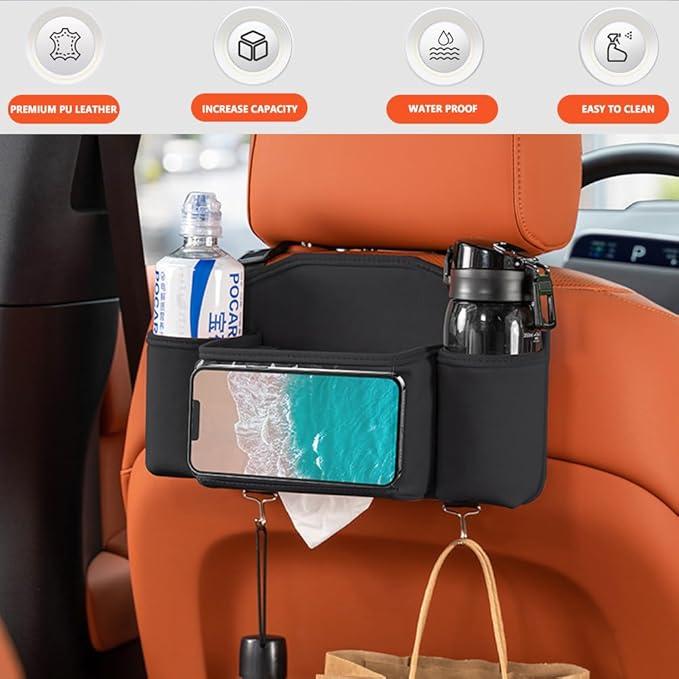 Tumecos Car Seat Back Storage Bag, Car Backseat Organizer with Tissue Box, Large Capacity Car Storage Box, Multi-function Car Rear Seat Storage Pocket, Universal for Most Vehicles (Style B, Black)