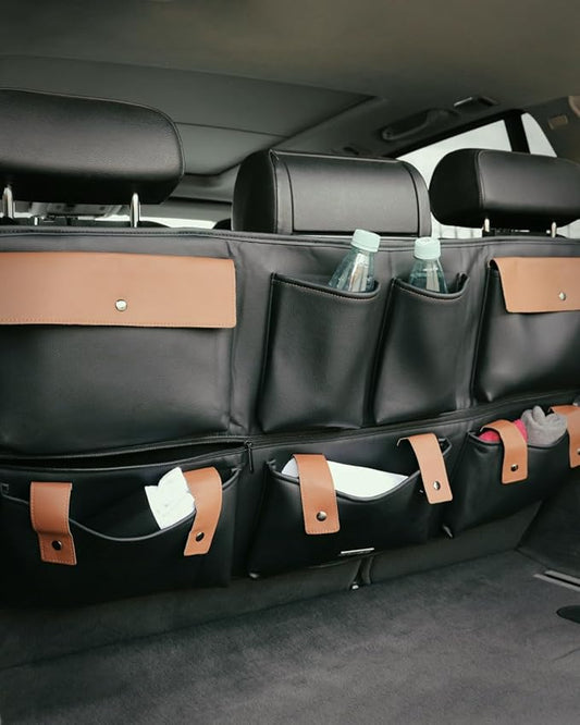 Owleys Hanging Car Trunk Organizer | Eco Leather Back Seat Storage 39"x19" | 8 Pockets with Zipper Compartment | Waterproof Cargo Holder for SUV & Sedan | Black&Brown