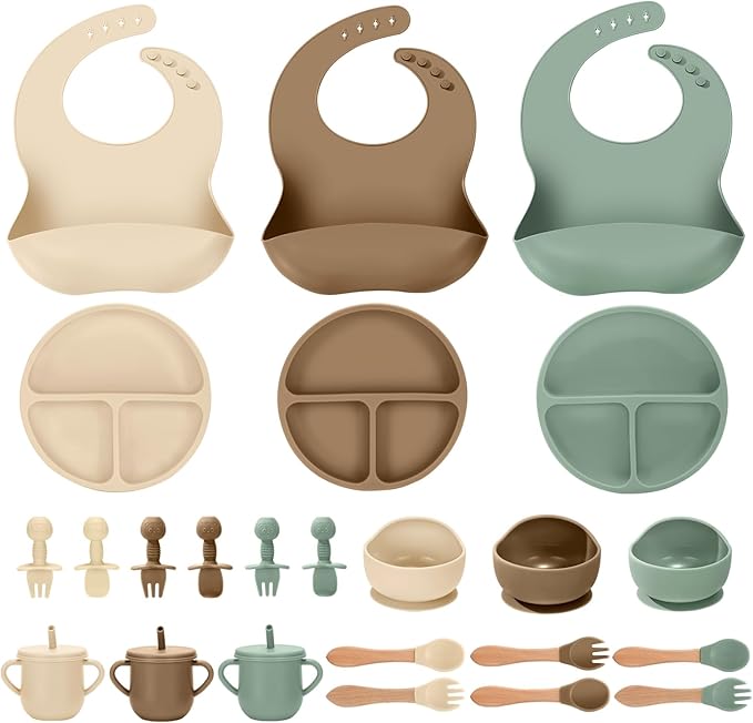 24 PCS Silicone Baby Feeding Set, Baby Led Weaning Supplies Includes Suction Bowls and Divided Plates, Adjustable Silicone Bib, Spoons&forks, Training cup with straw (Green+Brown+Beige)