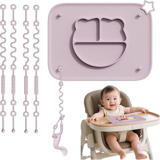 1 Pack Silicone Mat for Babies, Baby Placemat Built-in Suction Base and Equipped 4 Toy Straps & Anti-Peel Design, Activity Mat for Infants to Toddlers, Keeps Babies Essentials Off The Floor, Purple