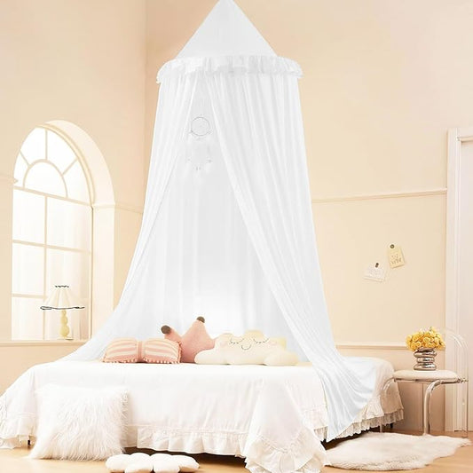 Akiky Kids Bed Canopy for Crib & Twin Size with Ruffles Dreamcatcher, Boys Princess Girls Nursery Room Decor Toddler Baby Dome Round Hanging Tent Curtains Skirt Over Bed Reading Nook Play Tents White