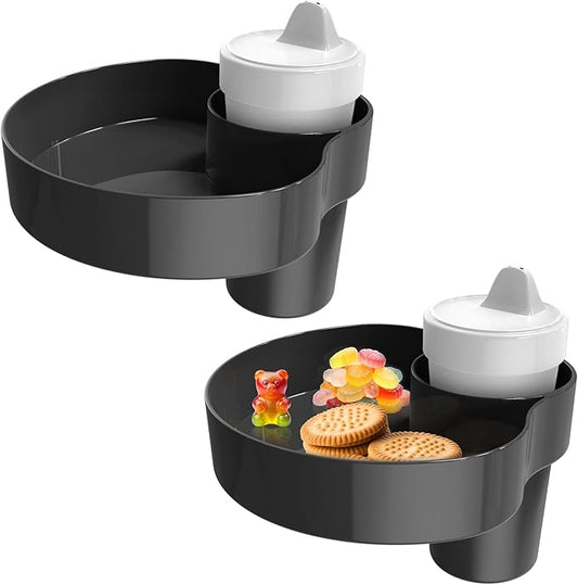 [2 Pack] Car Seat Cup Holder Snack Tray Black, Toddler Travel & Road Trip Essentials Accessory for Mess-Free Snacking in The Car,Travel Tray for Kids Car Seat